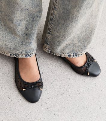 Wide Fit Black Mesh Polka Dot Ballet Pumps New Look