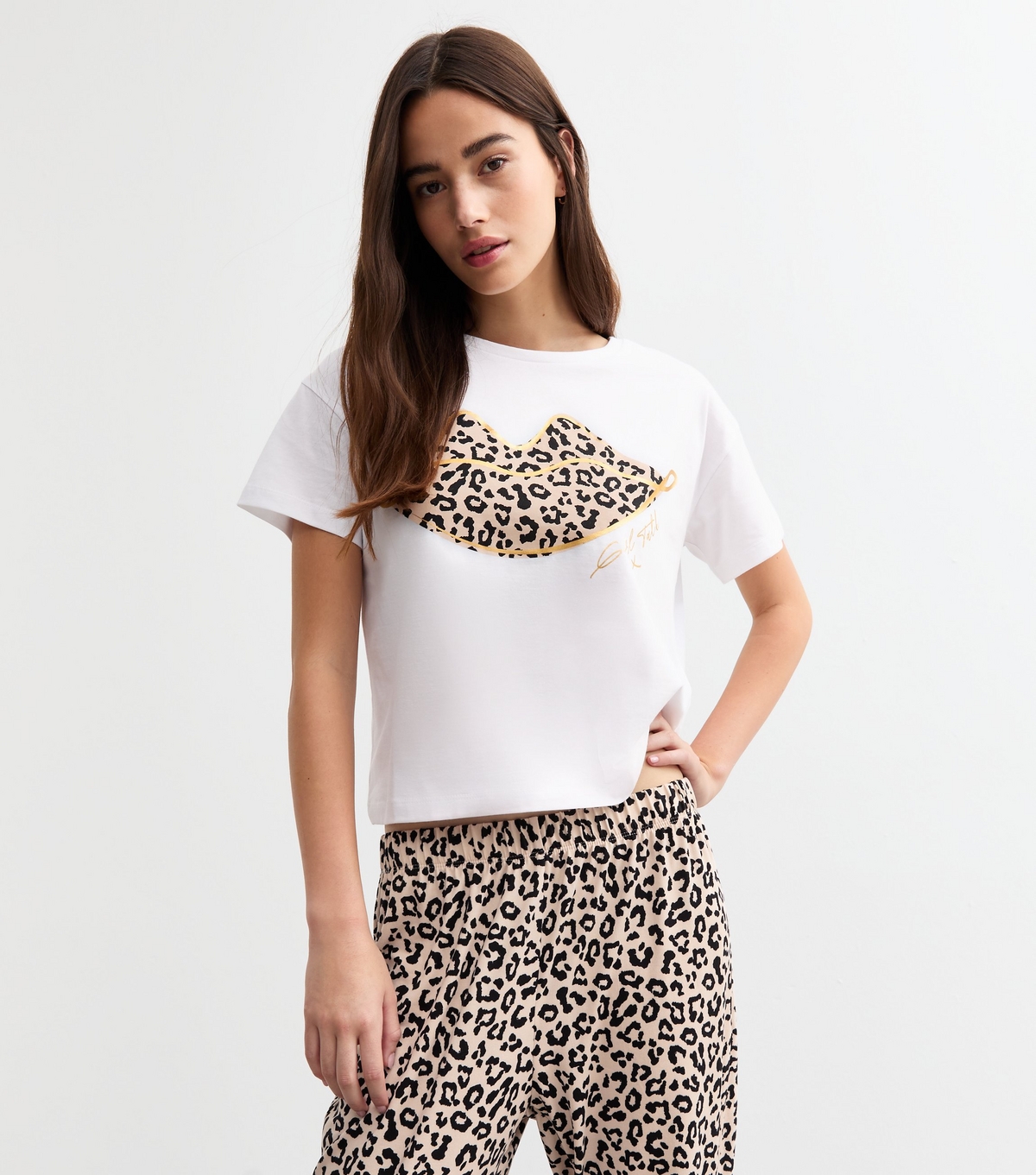 Women's Brown Leopard Girl Talk Pyjama Set New Look