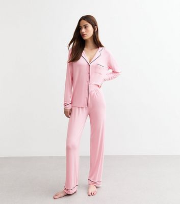 Pink Jersey Shirt Trouser Pyjama Set New Look