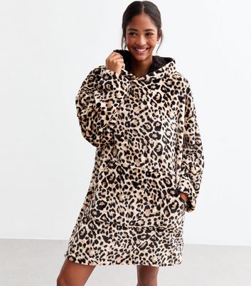 Brown Oversized Leopard Print Fleece Hoodie New Look