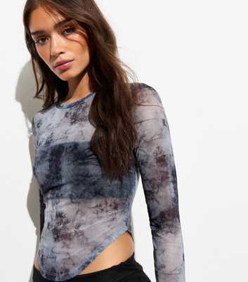 Light Grey Mesh Tie Dye Print Long Sleeve Top