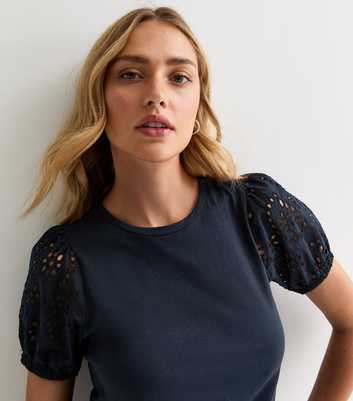 Navy Embroidered-Sleeve Cotton T-Shirt