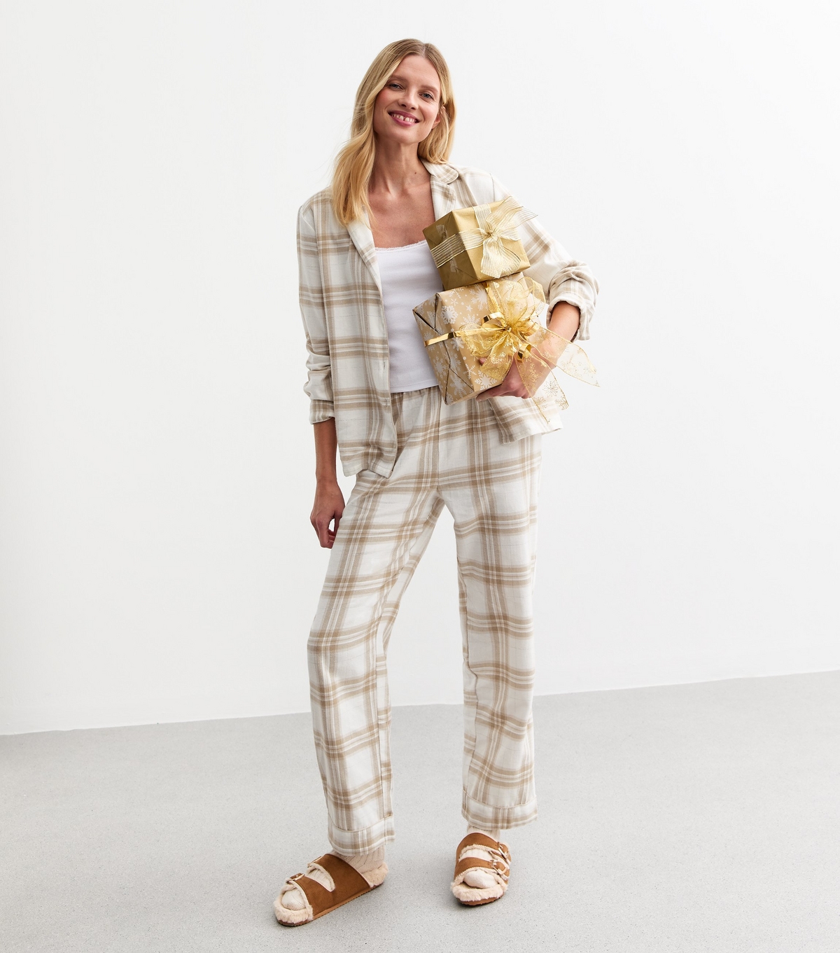 Women's Beige Christmas Checked Woven Trouser Pyjama Set New Look