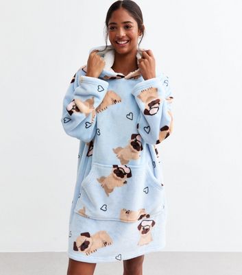 Blue Oversized Pug Print Fleece Hoodie New Look