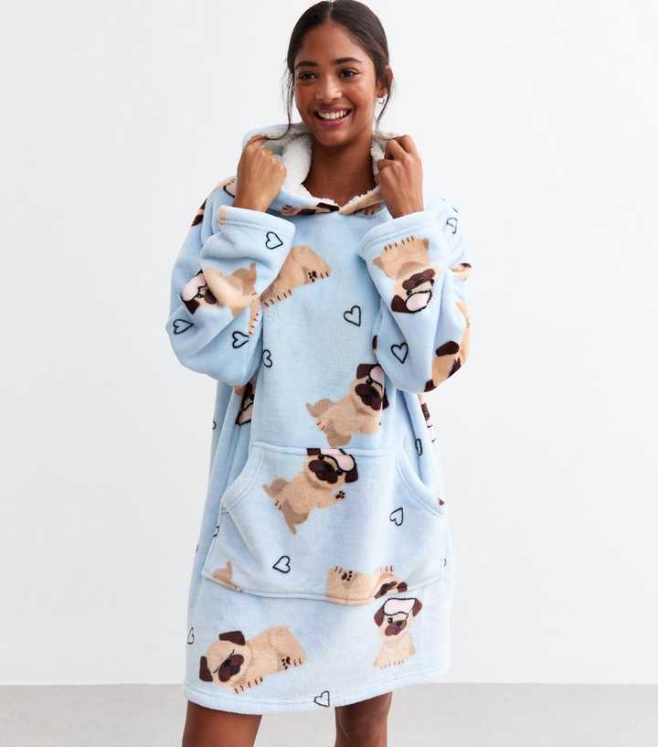 Blue Oversized Pug Print Fleece Hoodie