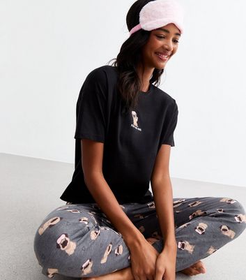 Black Cotton Hugs & Pugs Pyjama Set New Look