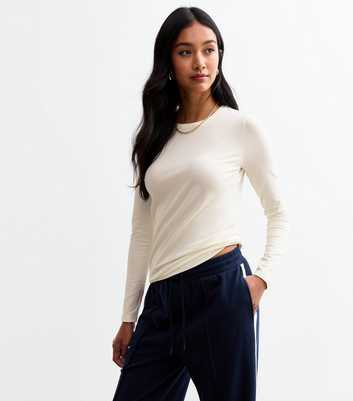 Cream Cotton Blend Crew Neck Long Sleeved Top