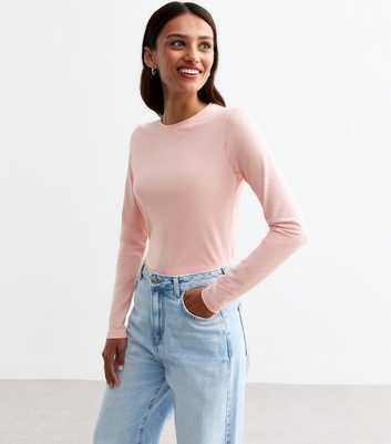 Pink Cotton Blend Crew Neck Long Sleeved Top