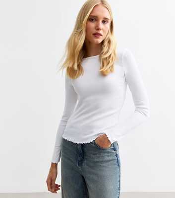 White Ribbed Crew Neck Long Sleeved Top