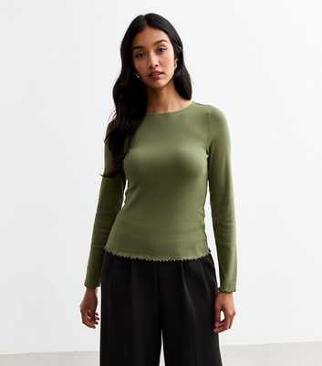 Khaki Ribbed Crew Neck Long Sleeved Top