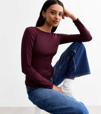 Burgundy Ribbed Crew Neck Long Sleeved Top