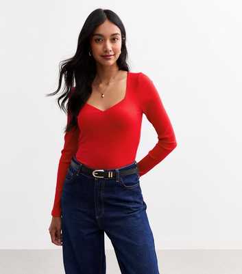 Red Sweetheart Neck Long Sleeve Bodysuit