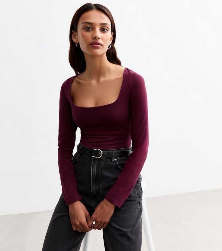 Burgundy Cotton Blend Square Neck Bodysuit