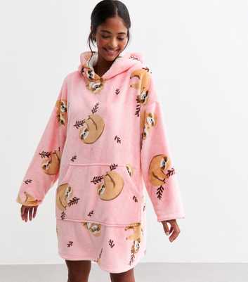 Pink Sloth Print Oversized Fleece Hoodie