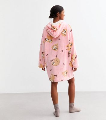 Pink Sloth Print Oversized Fleece Hoodie New Look