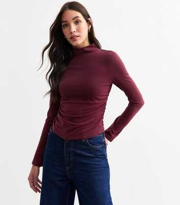 Burgundy High Neck Ruched Long Sleeve Top