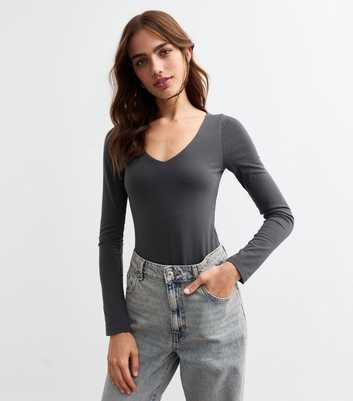 Grey V-Neck Long Sleeved Bodysuit