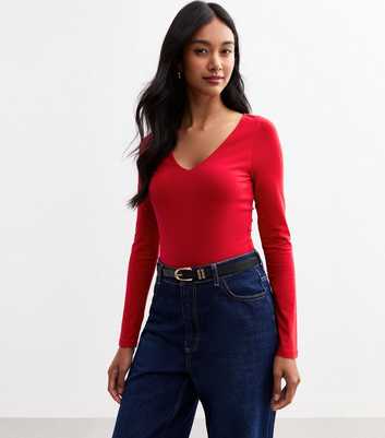 Red V-Neck Long Sleeved Bodysuit