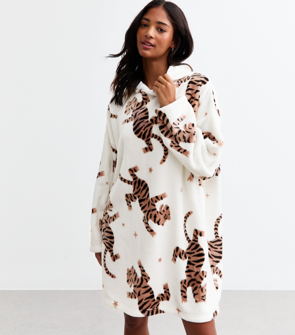 Women's White Tiger Print Oversized Fleece Hoodie New Look