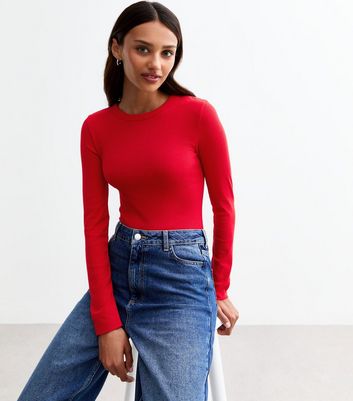 Red Ribbed Crew Neck Long Sleeved Top New Look