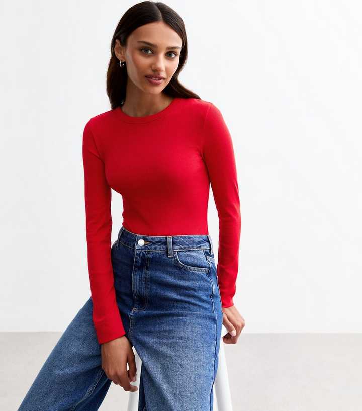 Red Ribbed Crew Neck Long Sleeved Top