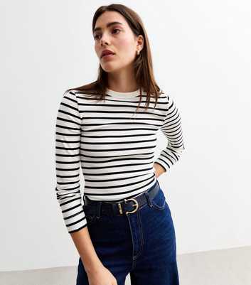 White Striped Ribbed Crew Neck Long Sleeve Top