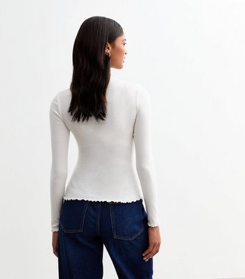 Off White Ribbed High Neck Long Sleeved Top | New Look