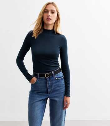 Navy Ribbed High Neck Long Sleeved Top