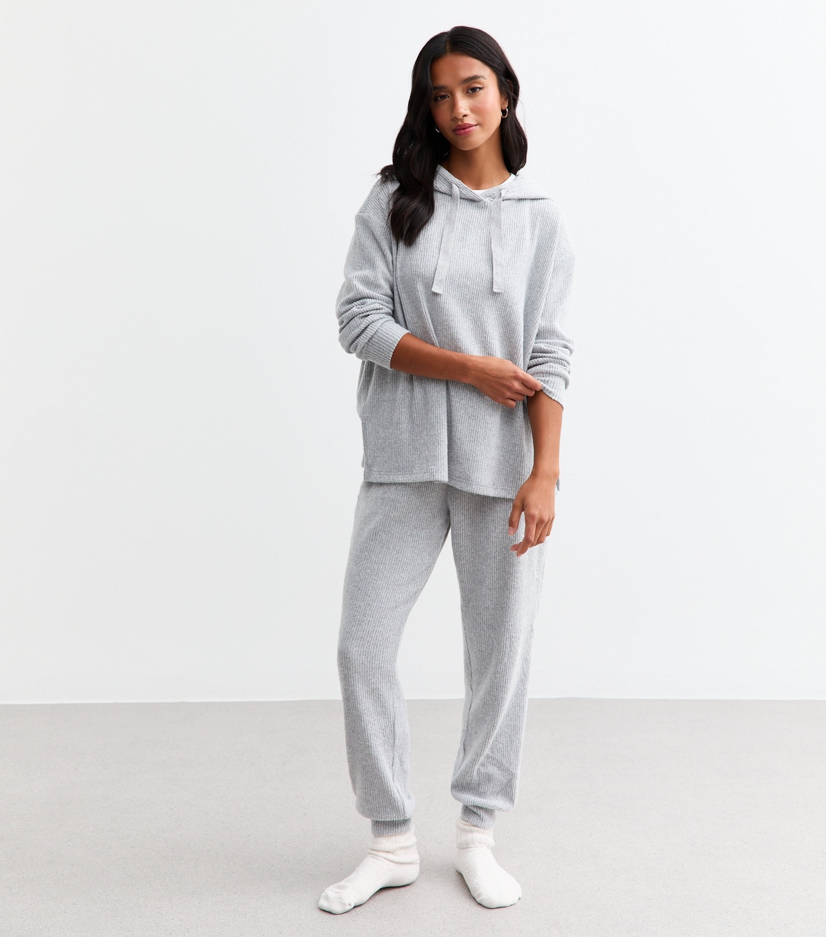 Women's Petite Grey Ribbed Joggers New Look