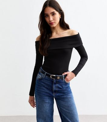 Black structured bardot top online