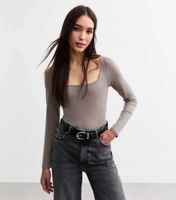 Grey Square Neck Long Sleeve Top