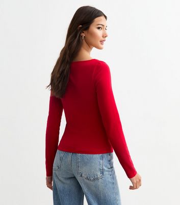 Red Square Neck Long Sleeve Top New Look