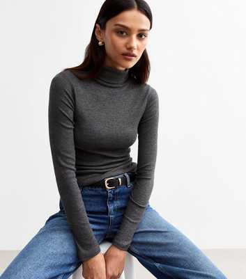 Dark Grey Rib Roll Neck Top 