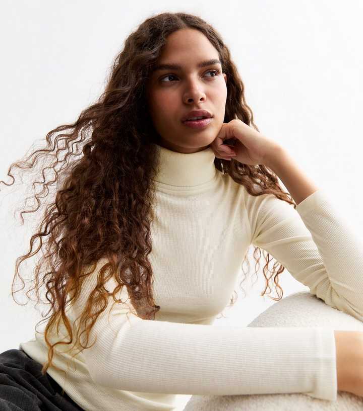 Cream Rib Roll Neck Top 