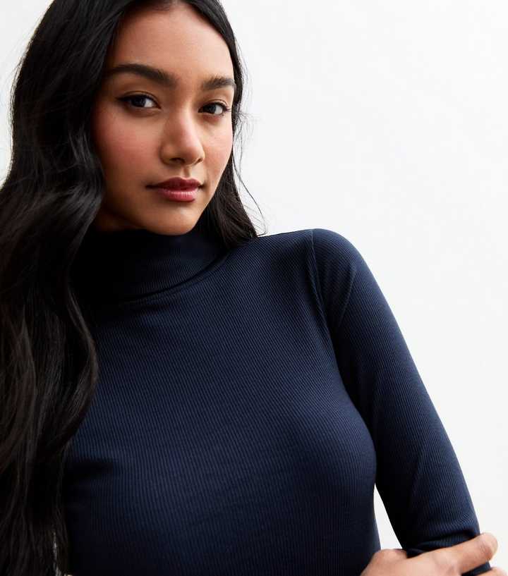 Navy Rib Roll Neck Top | New Look