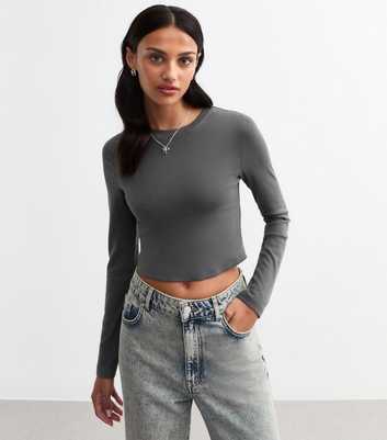 Grey Long Sleeve Cropped T-Shirt