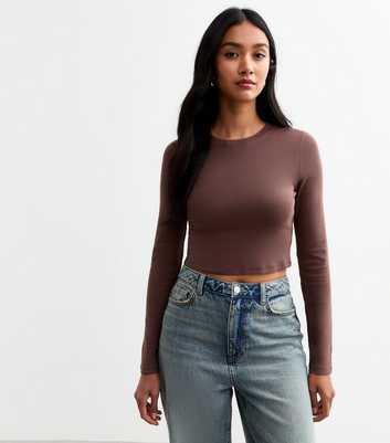 Dark Brown Long Sleeve Cropped T-Shirt