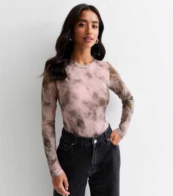 Petite Pink Abstract Mesh Long Sleeve Bodysuit 