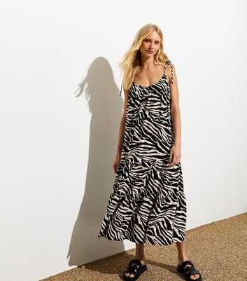 Black Zebra-Print Midi Slip Dress