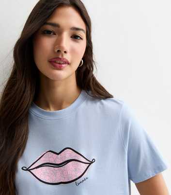 Pale Blue Cotton Floral Lip Print T-Shirt