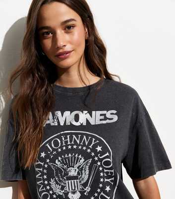 Dark Grey Ramones Logo Oversized Cotton T-Shirt