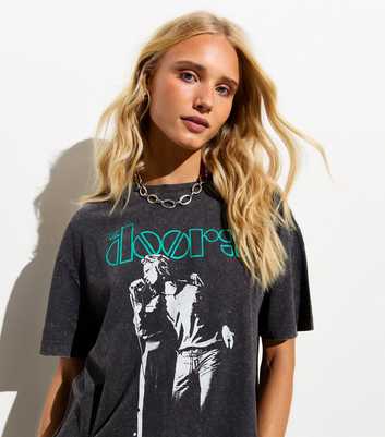Dark Grey Cotton 'Doors' Slogan Print Acid Wash Crew Neck T-Shirt 