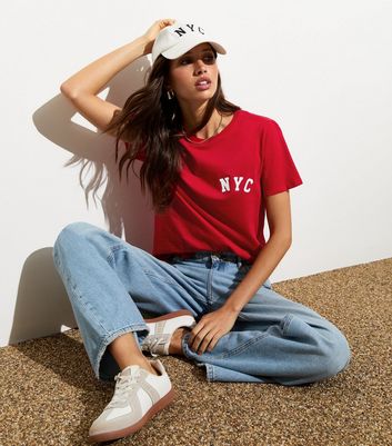 Red Cotton NYC-Print T-Shirt New Look