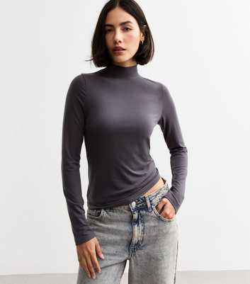 Grey Stand Neck Long Sleeve Jersey Top