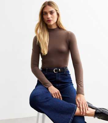 Brown Stand Neck Long Sleeve Jersey Top