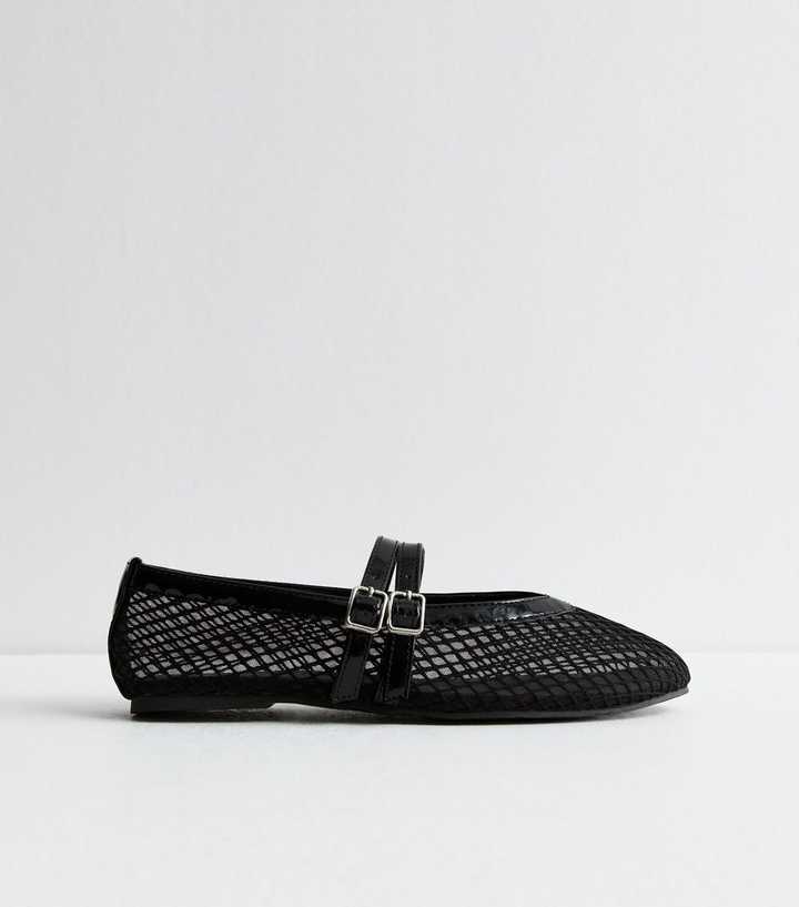Black Mesh Buckled Ballet Flats | New Look