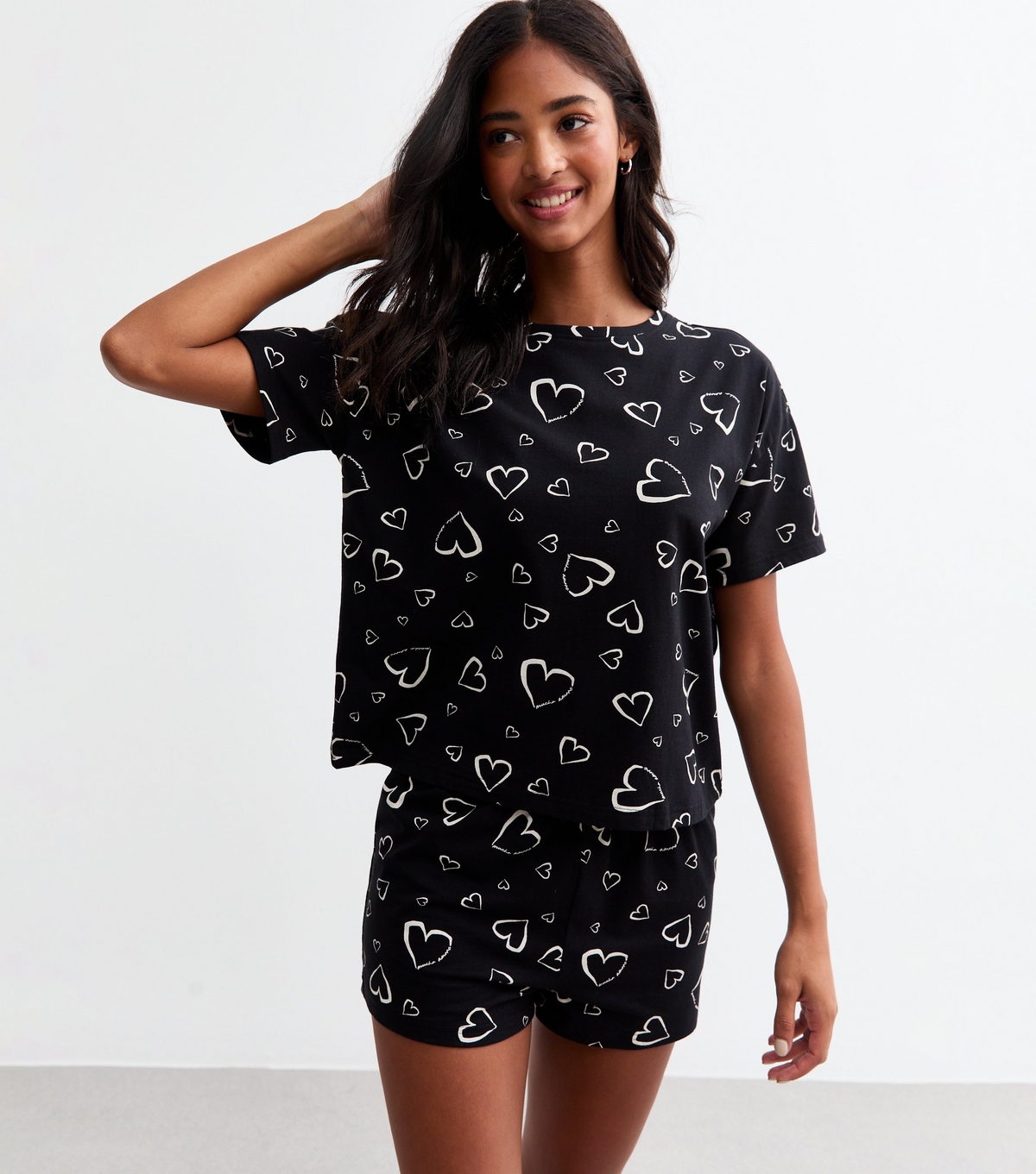 Women's Black Cotton Heart Print Pyjama Set New Look