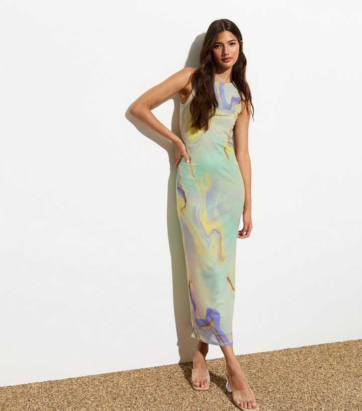 Green Marble Print Mesh Sleeveless Midi Dress | New Look