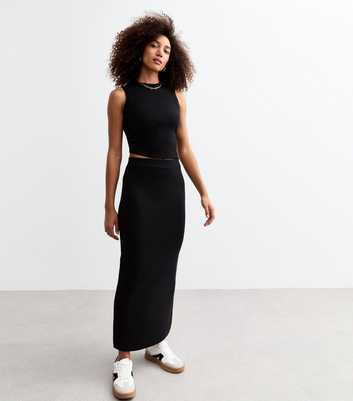 Black Fine Knit Midi Skirt 