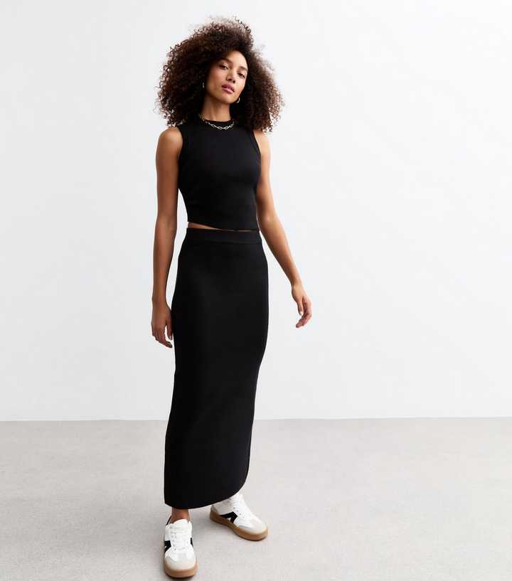 Black Fine Knit Midi Skirt